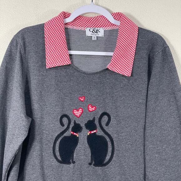 Vintage 90s Y2k Gray Red Gingham Collared Black Cats Hearts Novelty Sweatshirt M - Picture 2 of 7